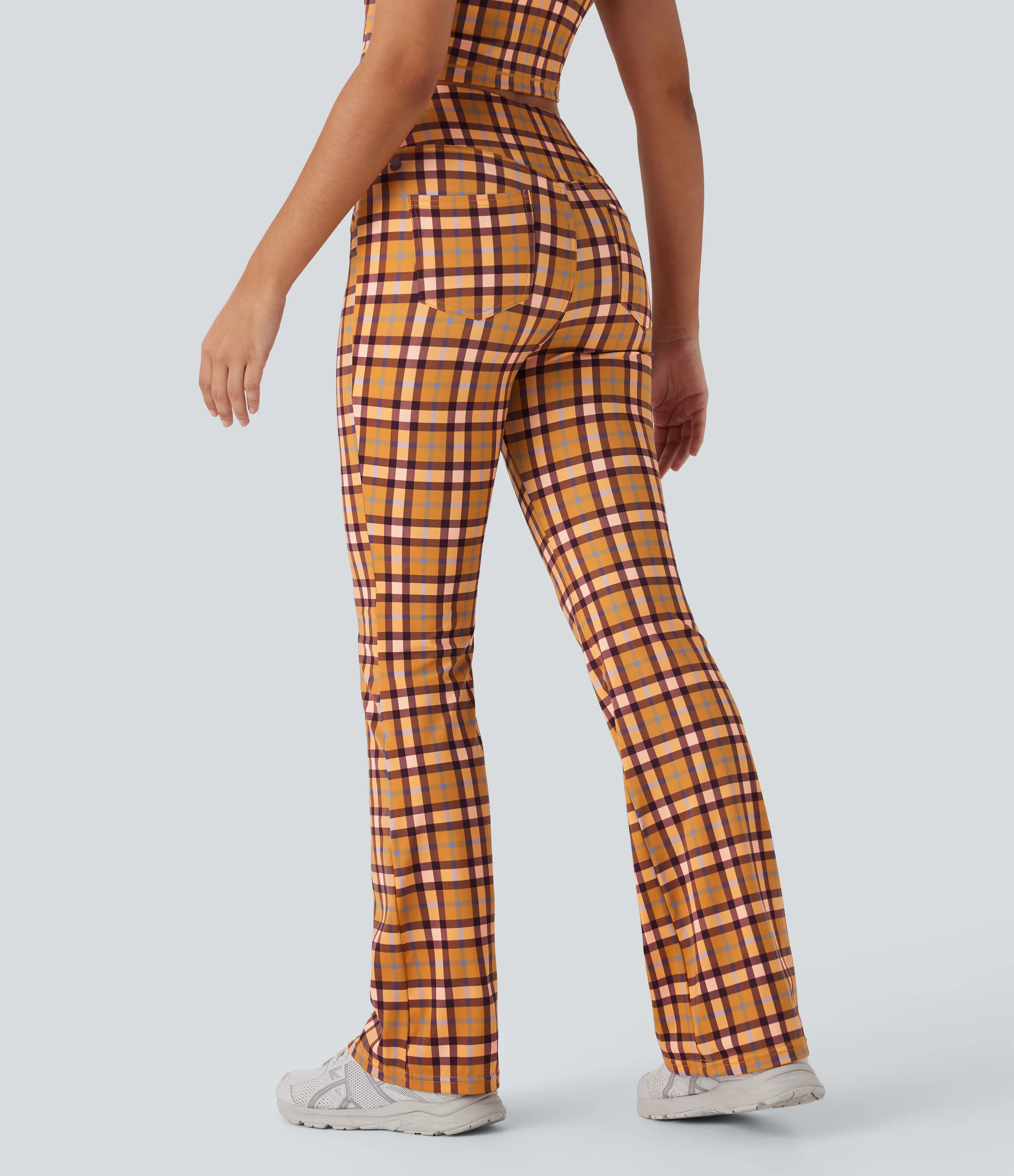 Halara Pantalones casuales de corte acampanado con tiro alto y bolsillos de tacto fresco - Blue Orange Purple Plaid - S(regular) sold by Halara product image thumbnail 4