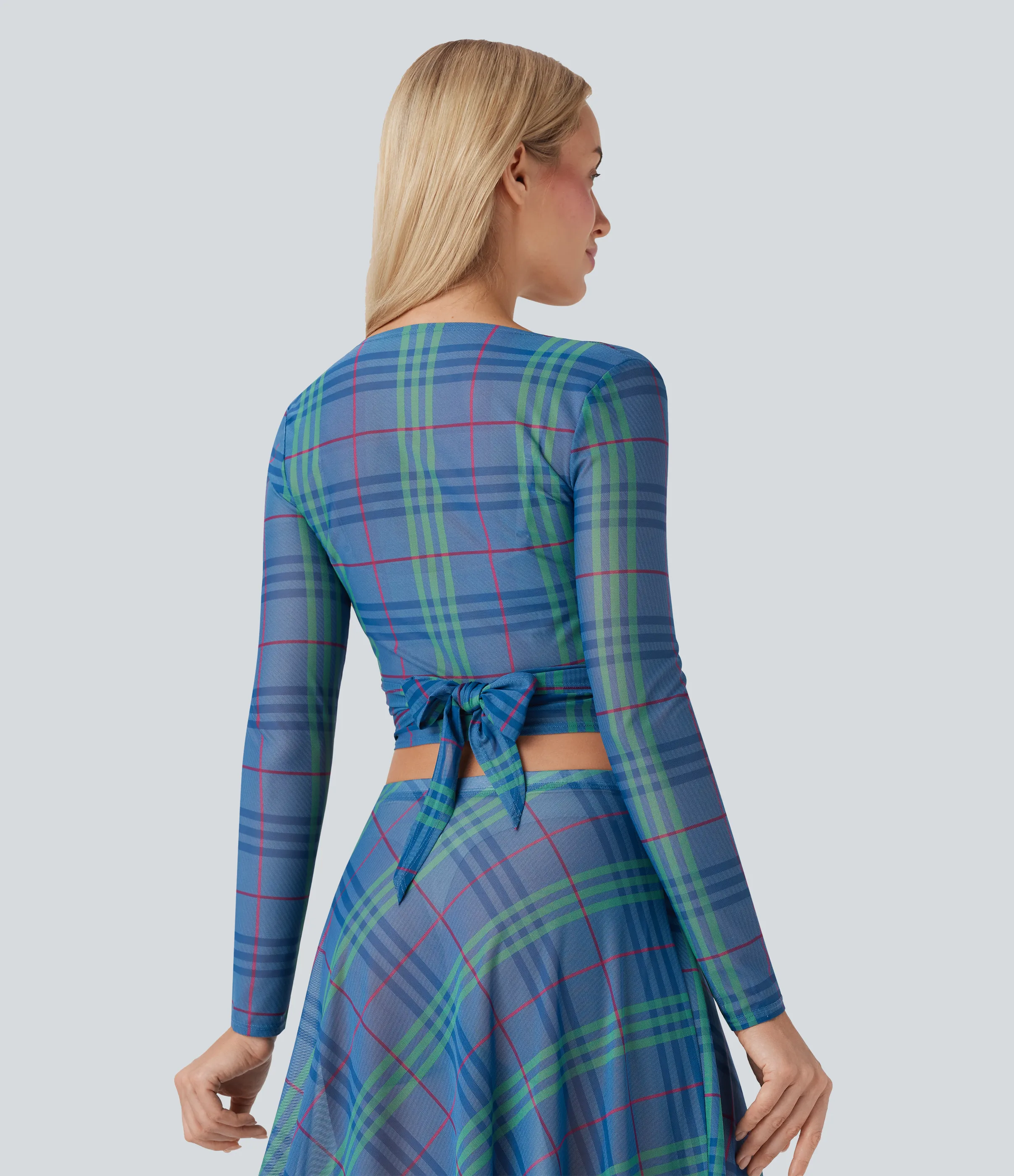 Halara Top con escote en V de malla transparente y lazo en la espalda - Sky Blue Greengage Red Plaid - XS sold by Halara product image thumbnail 3