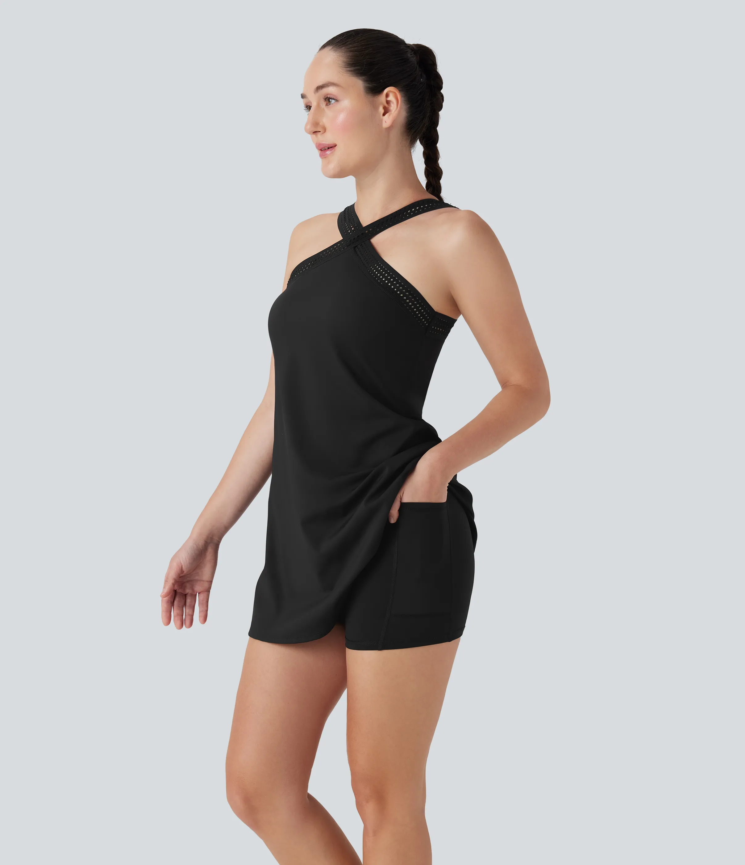 Halara Vestido corto de yoga 2 en 1 Softlyzero™ Airy con escote halter, espalda descubierta, tacto fresco con bolsillos laterales - Edición Easy Peezy UPF 50+ - Black - M sold by Halara product image thumbnail 5