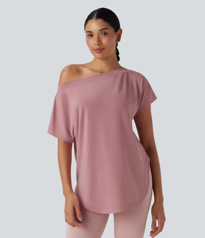 Halara Top deportivo de yoga de manga corta con secado rápido y hombro descubierto con dobladillo curvo - Soft Berry - S sold by Halara