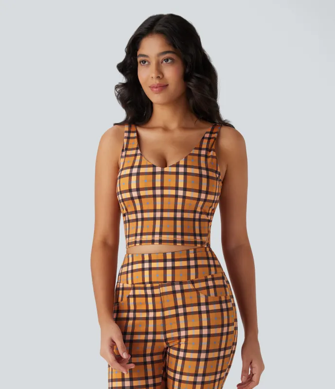 Halara Top de yoga corto con cuello en V, espalda descubierta y cuadros escoceses de tacto fresco - Blue Orange Purple Plaid - M sold by Halara