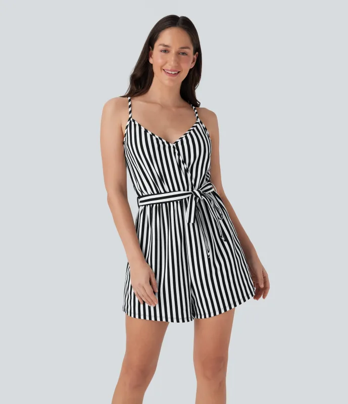 Halara Mono resort raya cinturón botón presión cuello V bolsillo - Black White Horizontal Stripe - XS sold by Halara