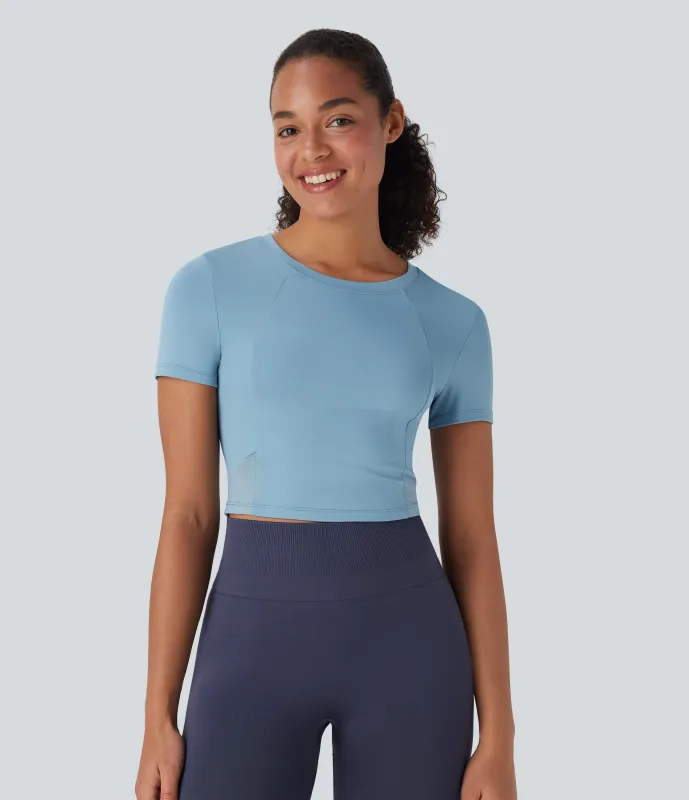 Halara Top deportivo corto de manga corta para yoga de tejido en contraste con cuello redondo de manga corta - Dusk Blue - L sold by Halara