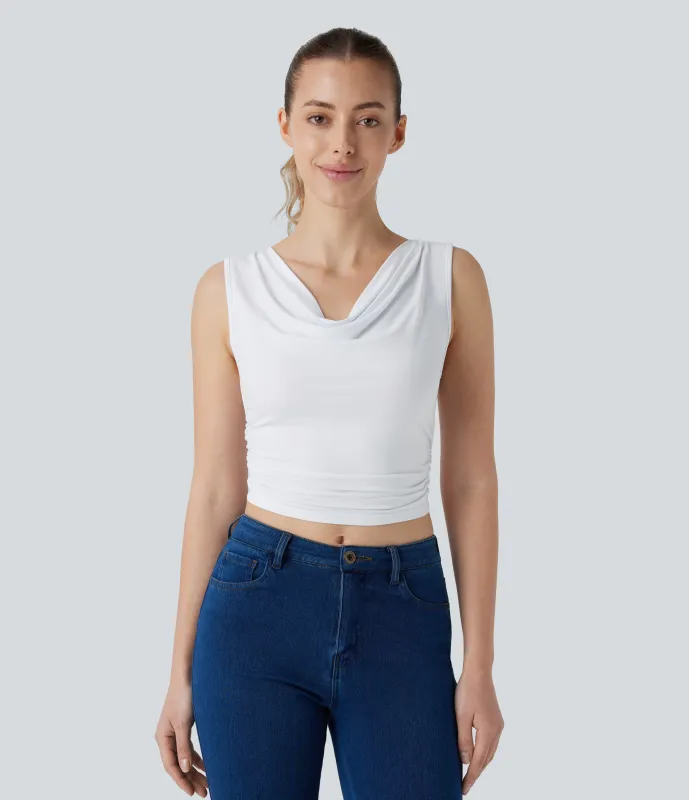 Halara Top corto fruncido sin mangas cuello vuelto - White - L sold by Halara