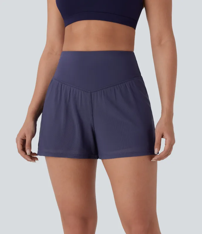 Halara Shorts de yoga 2 en 1 de tiro alto con bolsillo lateral y malla en contraste de 7,62cm  - Dark Lilac Grey - L sold by Halara