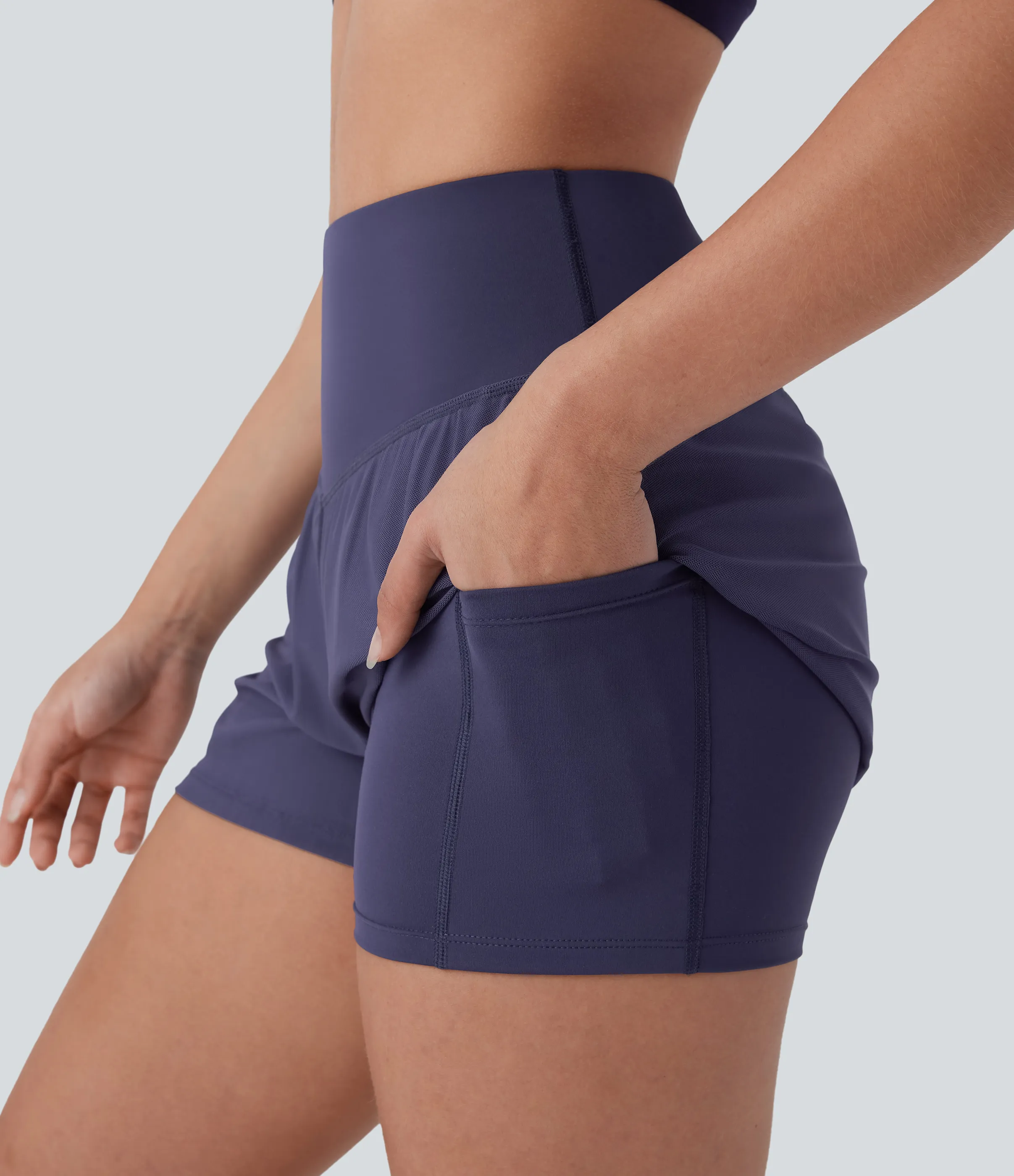 Halara Shorts de yoga 2 en 1 de tiro alto con bolsillo lateral y malla en contraste de 7,62cm - Dark Lilac Grey - L sold by Halara product image thumbnail 5