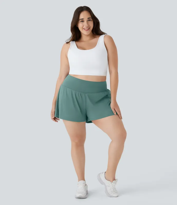 Halara Pantalón corto talla grande yoga 2 en 1 tiro súper alto bolsillo trasero oculto lateral más largo 10cm - Blue Spruce - 3X(Long) sold by Halara