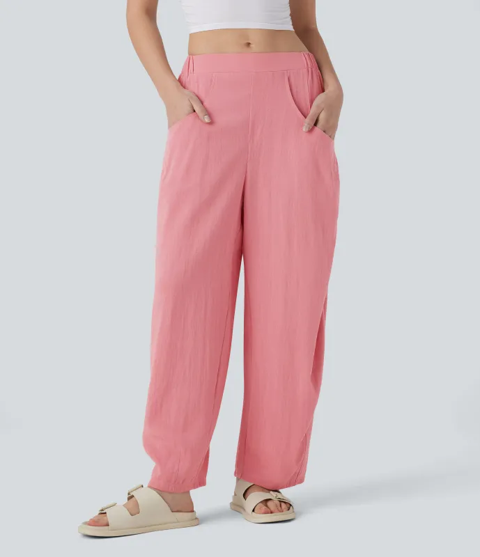 Halara Pantalón lino tiro alto bolsillo lateral pierna acampanada - Rosette - XS(regular) sold by Halara