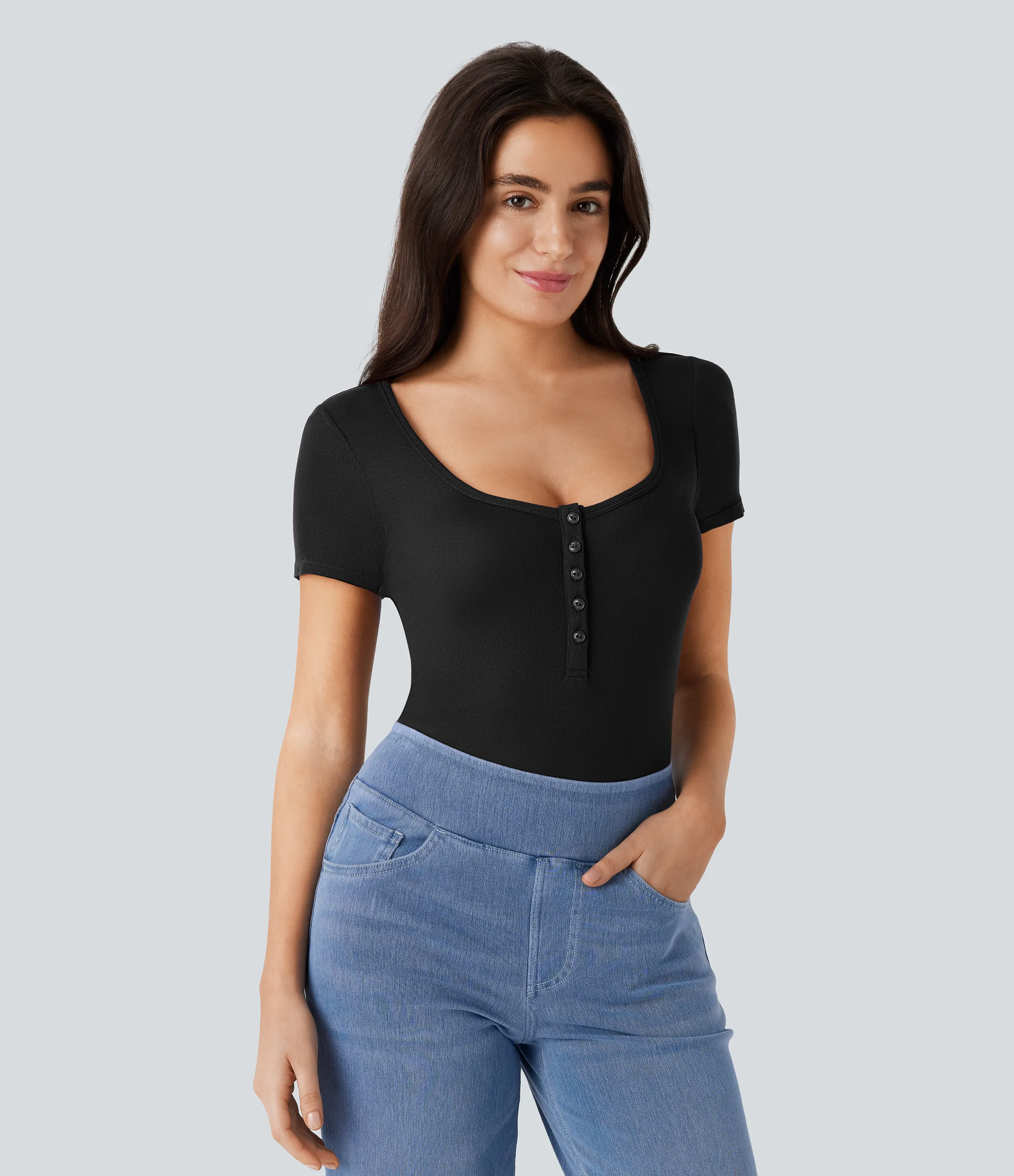 Halara Top ajustado manga corta cuello Henley acanalado - Black - L sold by Halara product image thumbnail 4
