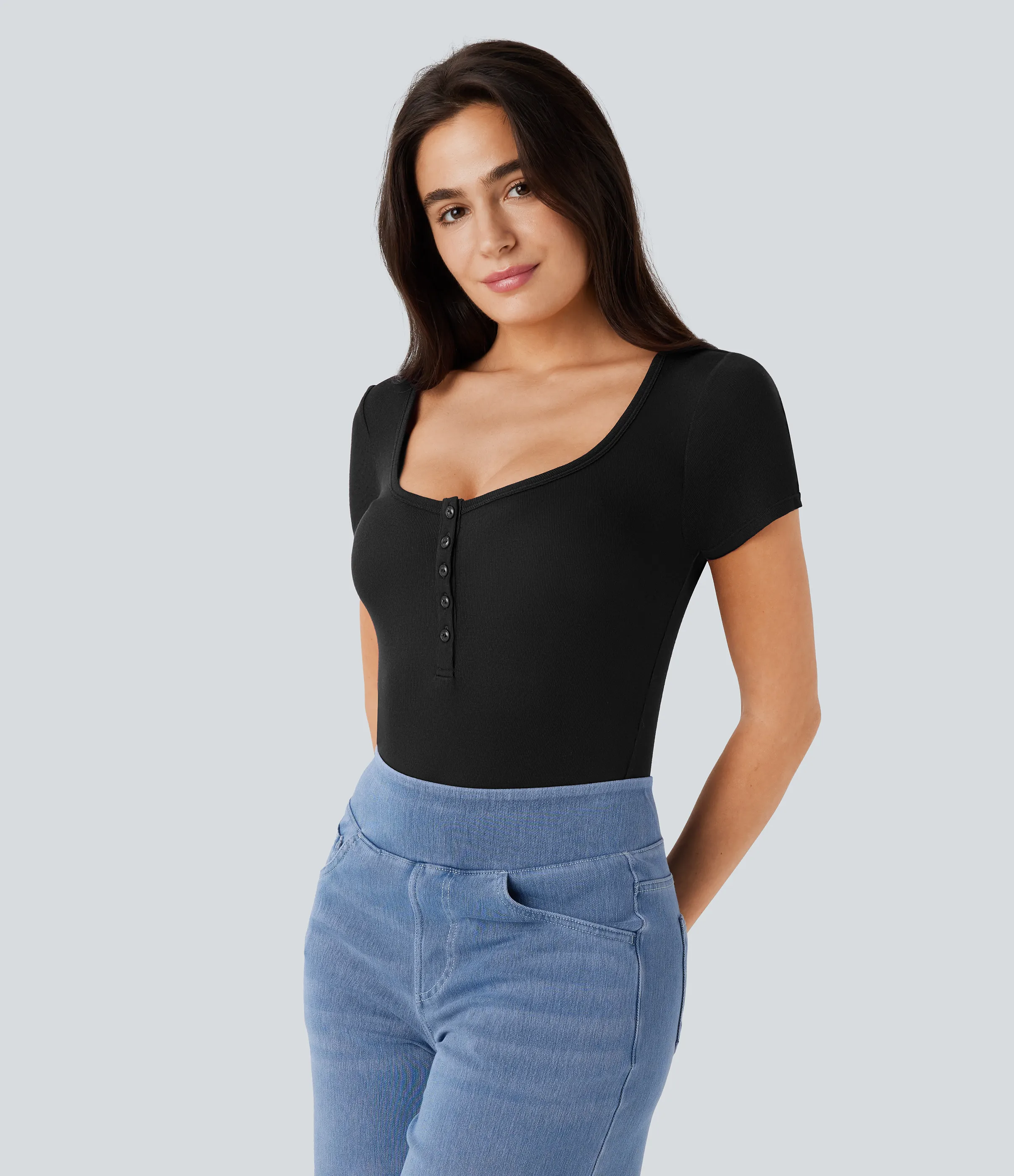 Halara Top ajustado manga corta cuello Henley acanalado - Black - L sold by Halara product image thumbnail 5