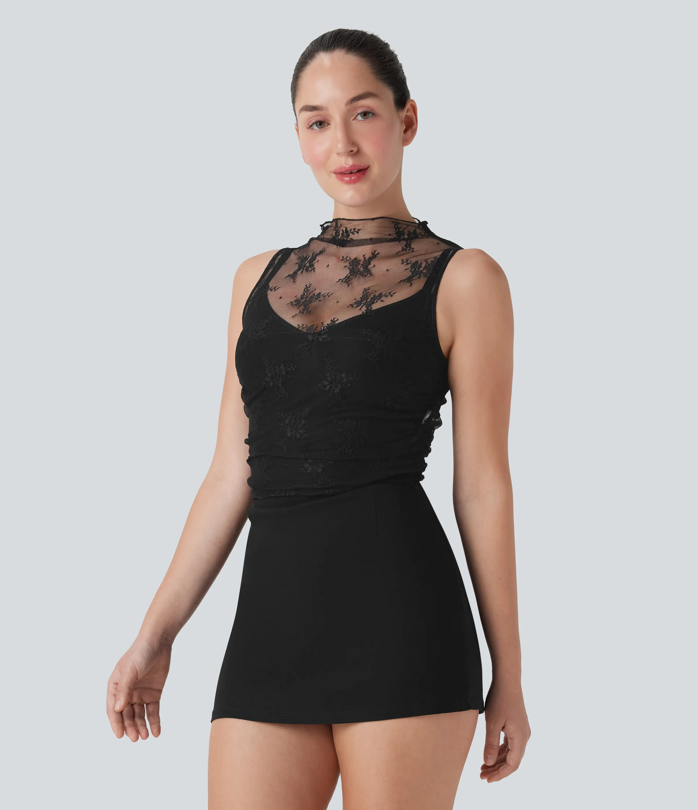 Halara Top casual corto fruncido sin mangas con cuello alto y encaje transparente - Black - L sold by Halara product image thumbnail 4