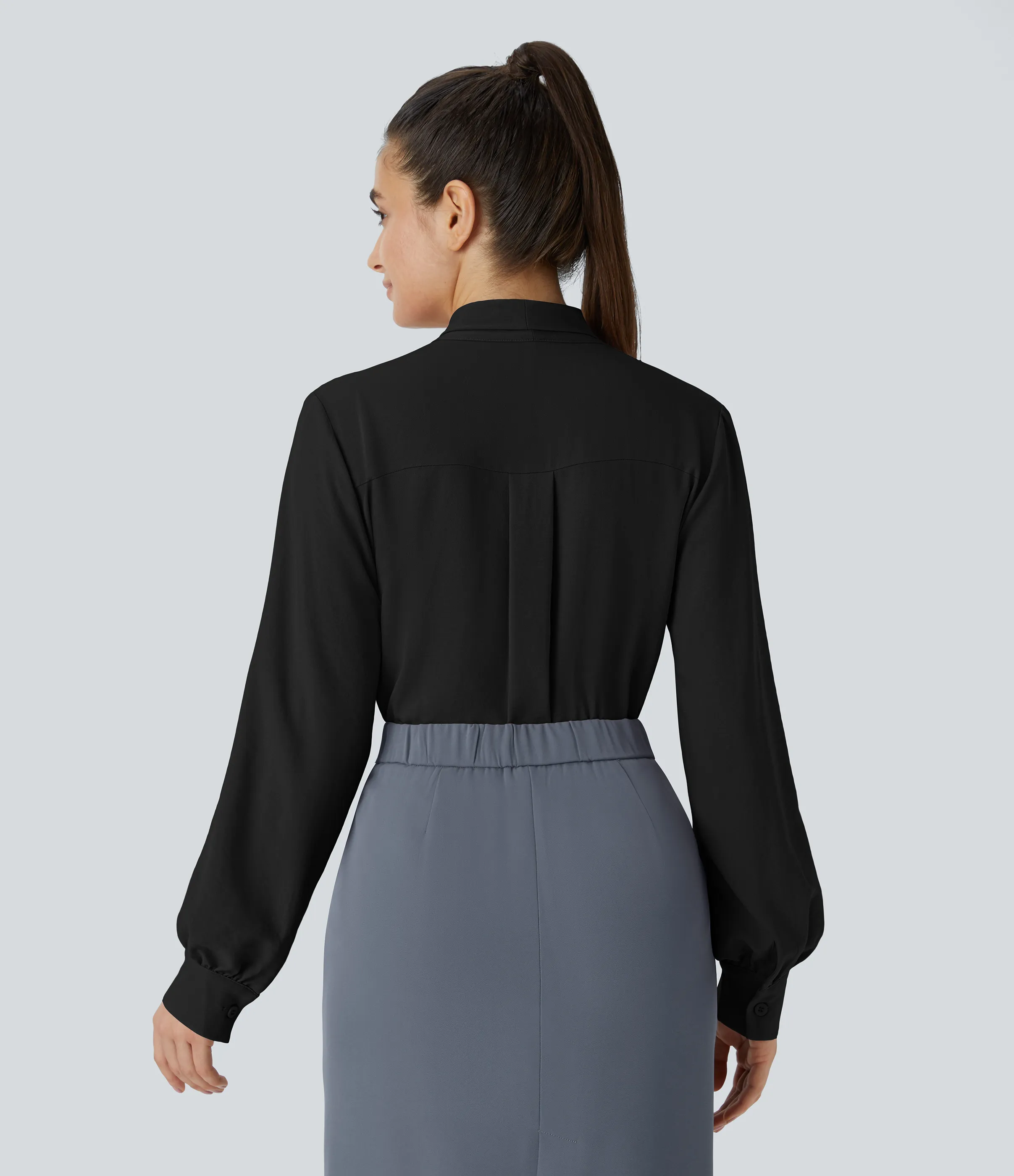 Halara Blusa oficina botón manga larga plisada cuello anudado - Black - L sold by Halara product image thumbnail 3