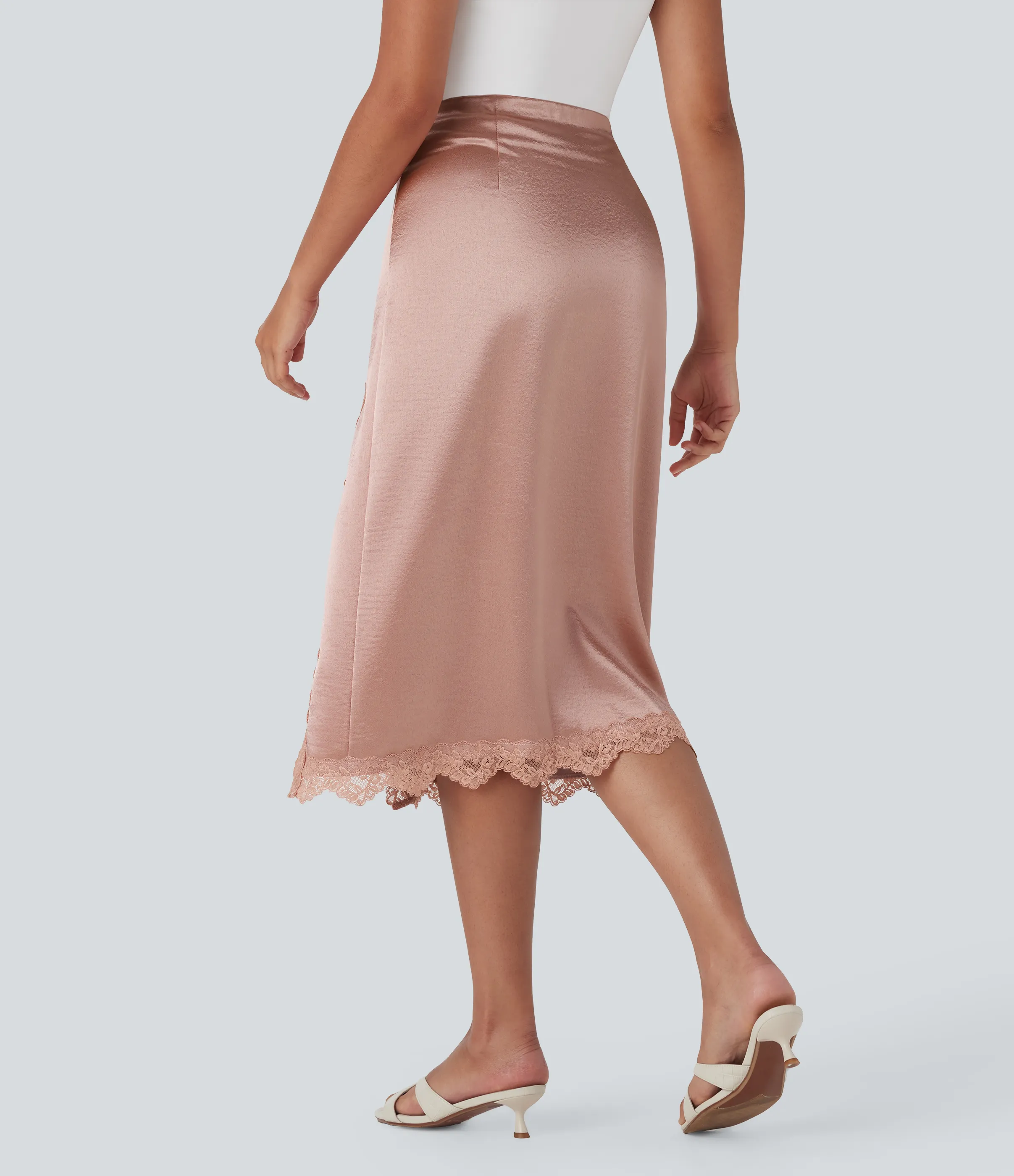 Halara Falda midi de tubo de satén casual con tiro alto, cremallera invisible con abertura y encaje en contraste - Misty Rose - S(regular) sold by Halara product image thumbnail 3