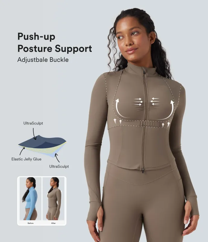 Halara Chamarra de yoga Halara UltraSculpt™ con fruncido y manga larga con abertura para el pulgar - Dawn Brown - L sold by Halara