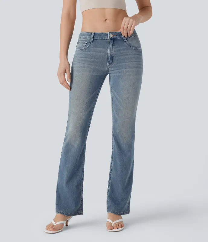 Halara Jeans Halara Flex™ Denim tiro bajo múltiple bolsillo lavado elástico corte acampanado - Tile Blue Retro Denim - S(regular) sold by Halara