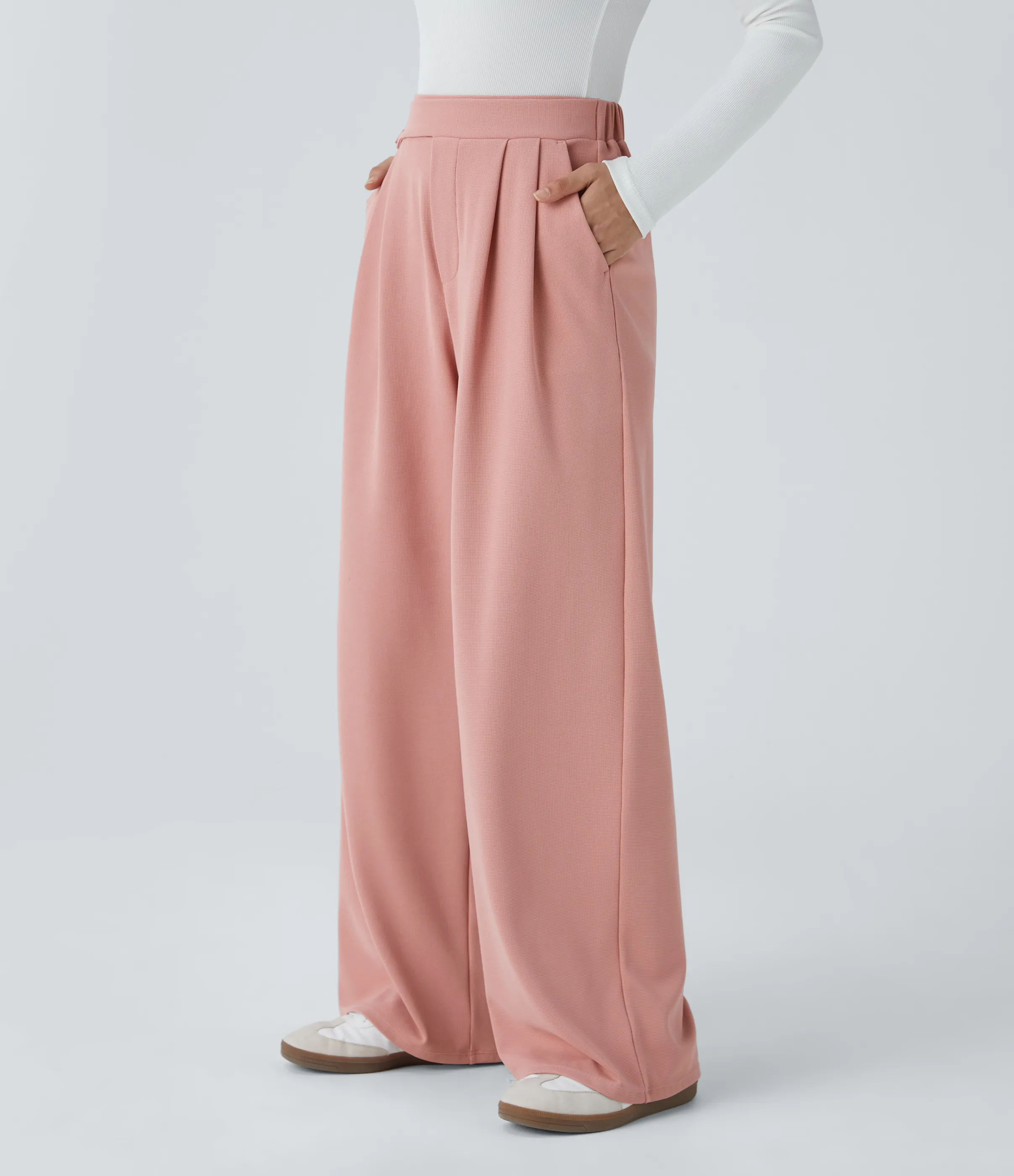 Halara Pantalón tiro alto botón bolsillo lateral plisado pierna ancha - Rose Tan - S(regular) sold by Halara