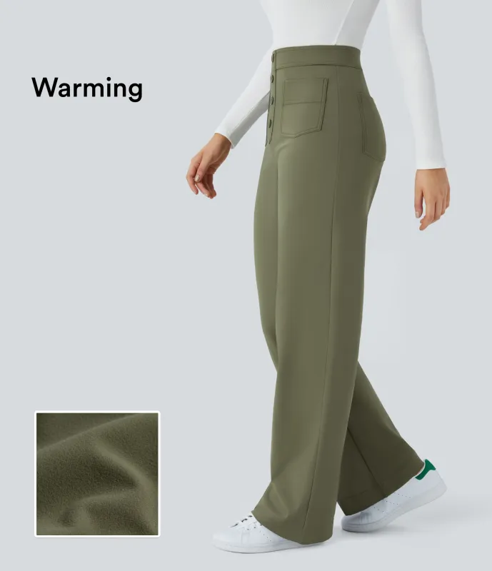 Halara Pantalón Softlyzero™ Plush pierna recta botón múltiple bolsillo tiro alto térmica - Moss Green - S(tall) sold by Halara