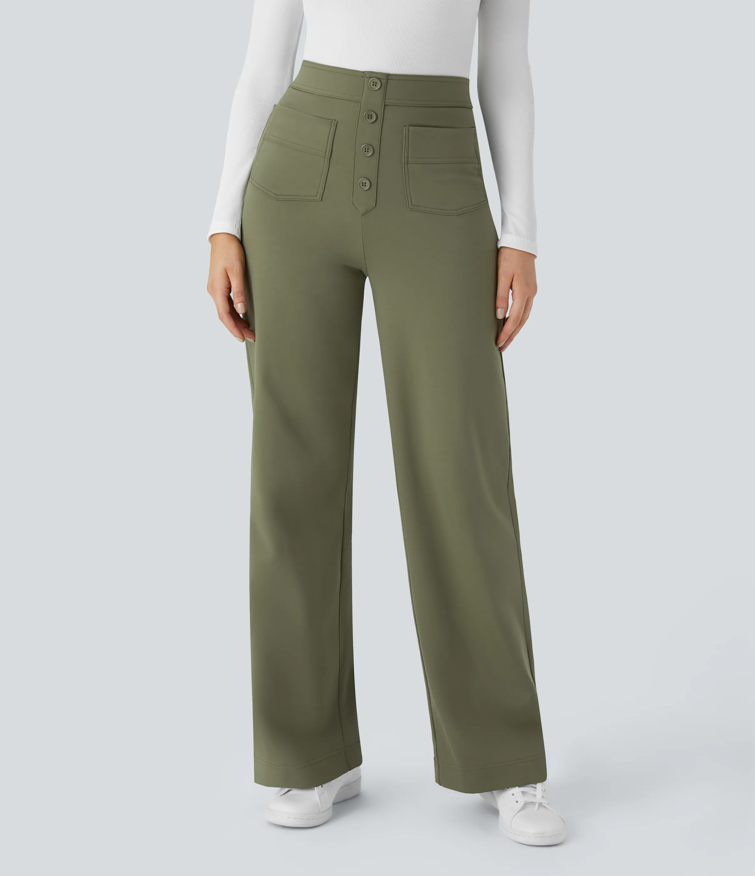 Halara Pantalón Softlyzero™ Plush pierna recta botón múltiple bolsillo tiro alto térmica - Moss Green - S(tall) sold by Halara product image thumbnail 4