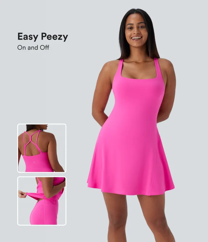 Halara Mini Vestido yoga activo bolsillo lateral sin espalda 2 en 1 - Edición Easy Peezy - UPF50+ - Fedora Red Purple - XS made by Halara