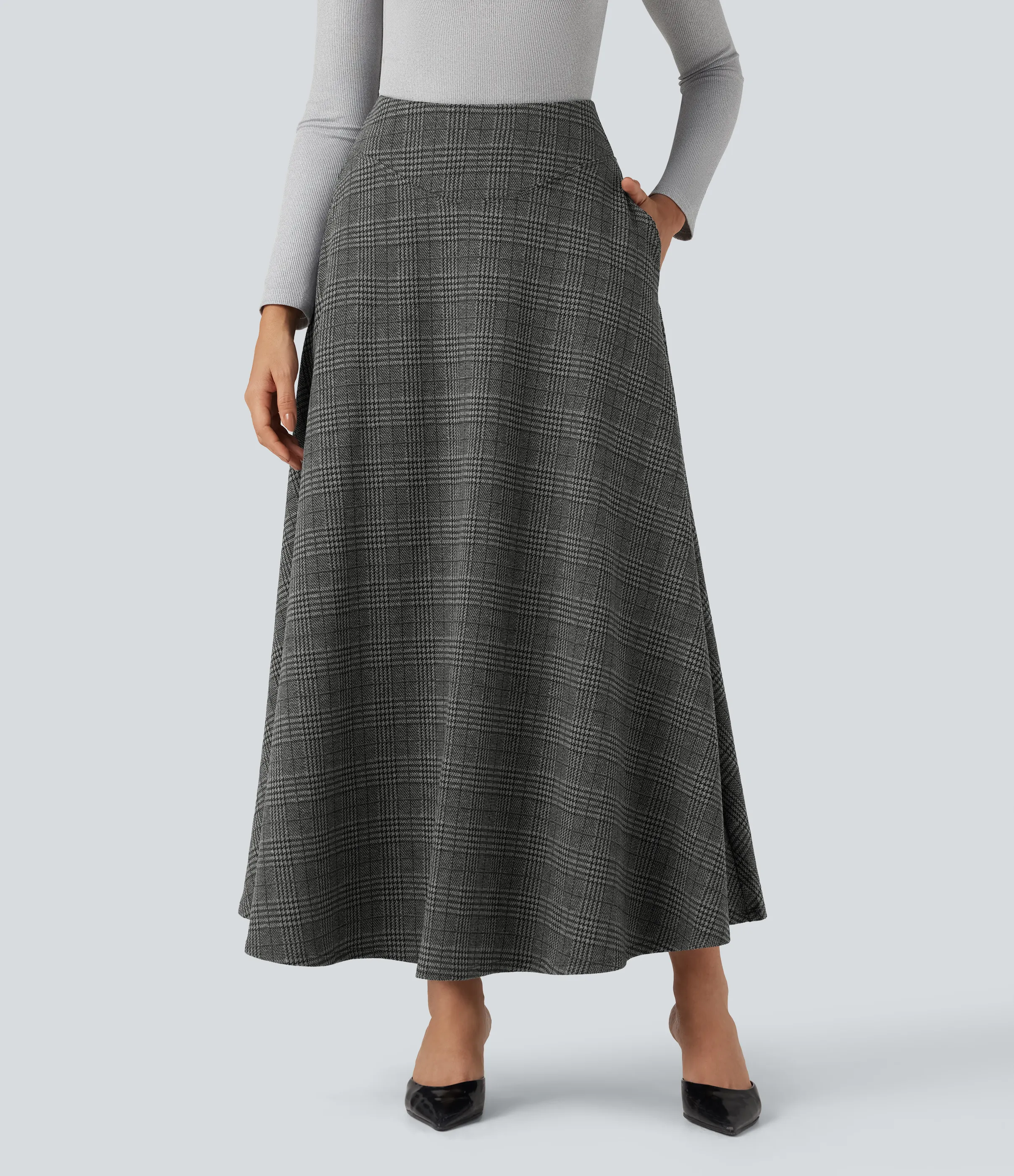 Halara Falda de oficina larga de pata de gallo con tiro alto y bolsillos - Dark Gray Plaid - XL(regular) sold by Halara