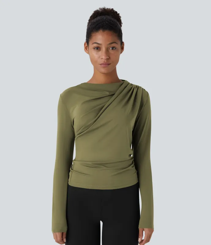 Halara Blusa oficina ajustada manga larga fruncida cuello vuelto - Capulet Olive - XL sold by Halara