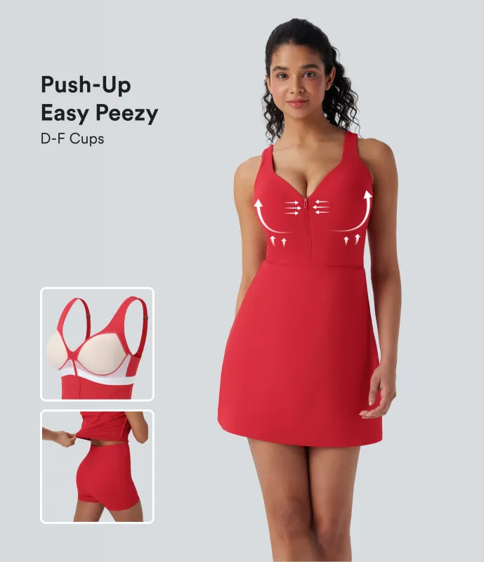 Halara Vestido deportivo SoftlyZero™ Plush afelpado 2 en 2 con push-up, copas moldeadas, cierre con cremallera, bolsillos, Easy Peezy Edition en copas D-F - Tomato - M sold by Halara