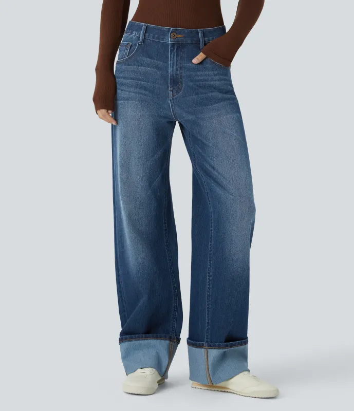 Halara Jeans Baggy Halara Flex™ Denim boyfriend holgado elástico lavado múltiple bolsillo cierre botón - Paint Blue Denim - L(regular) made by Halara