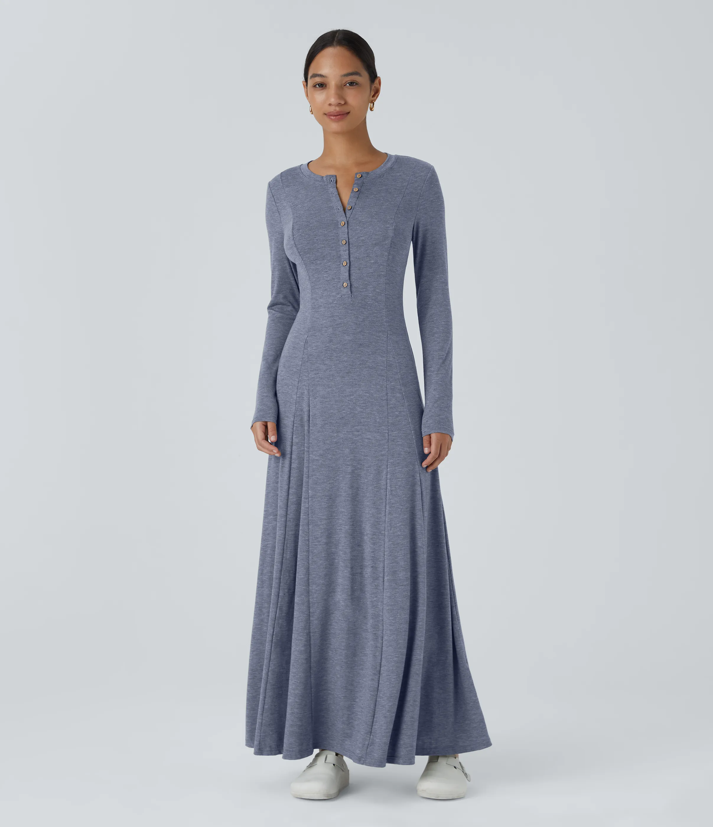 Halara Vestido maxi acampanado de manga larga y cuello redondo con botones - Mottled Indigo - XL sold by Halara product image thumbnail 2