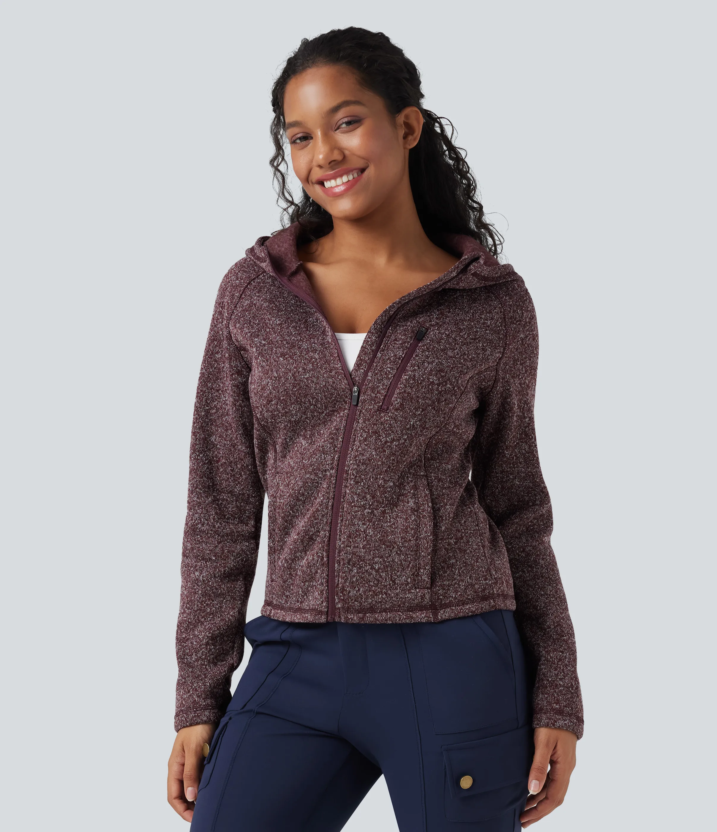 Halara Chamarra polar para senderismo de manga larga con capucha y bolsillos - Maroon Marl - XS sold by Halara product image thumbnail 2