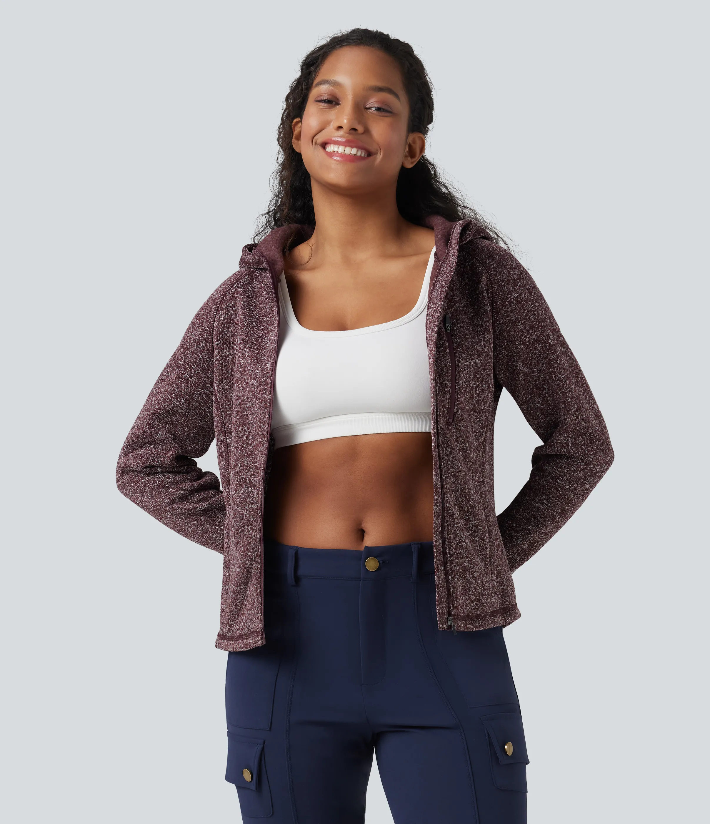 Halara Chamarra polar para senderismo de manga larga con capucha y bolsillos - Maroon Marl - XS sold by Halara product image thumbnail 5