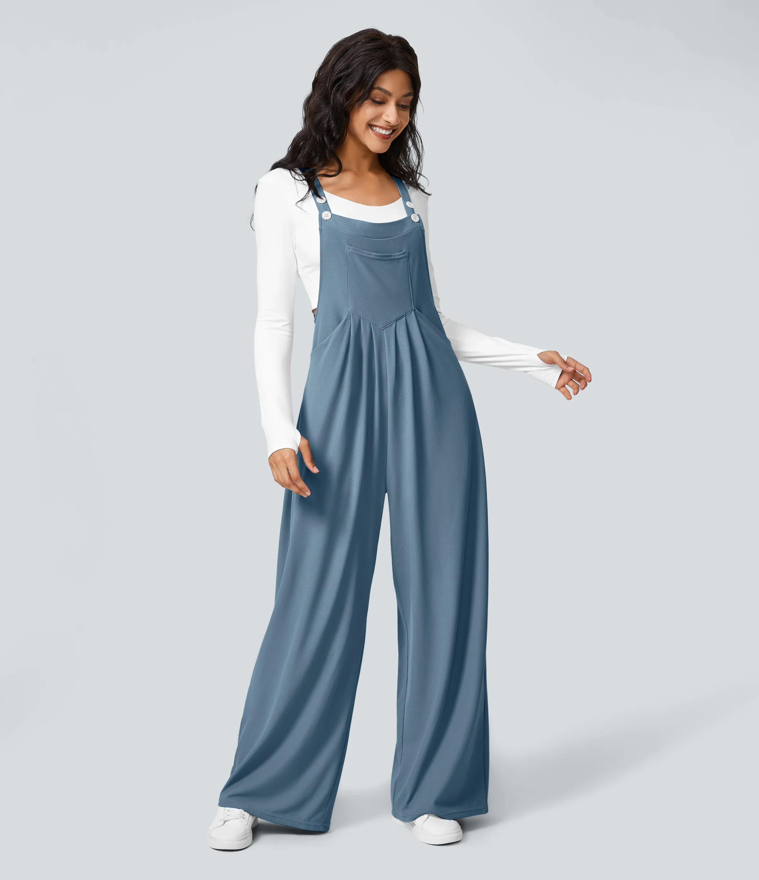 Halara Overol botón correa ajustable bolsillo múltiple gofre plisado - Mountain Spring - XS(tall) sold by Halara product image thumbnail 3