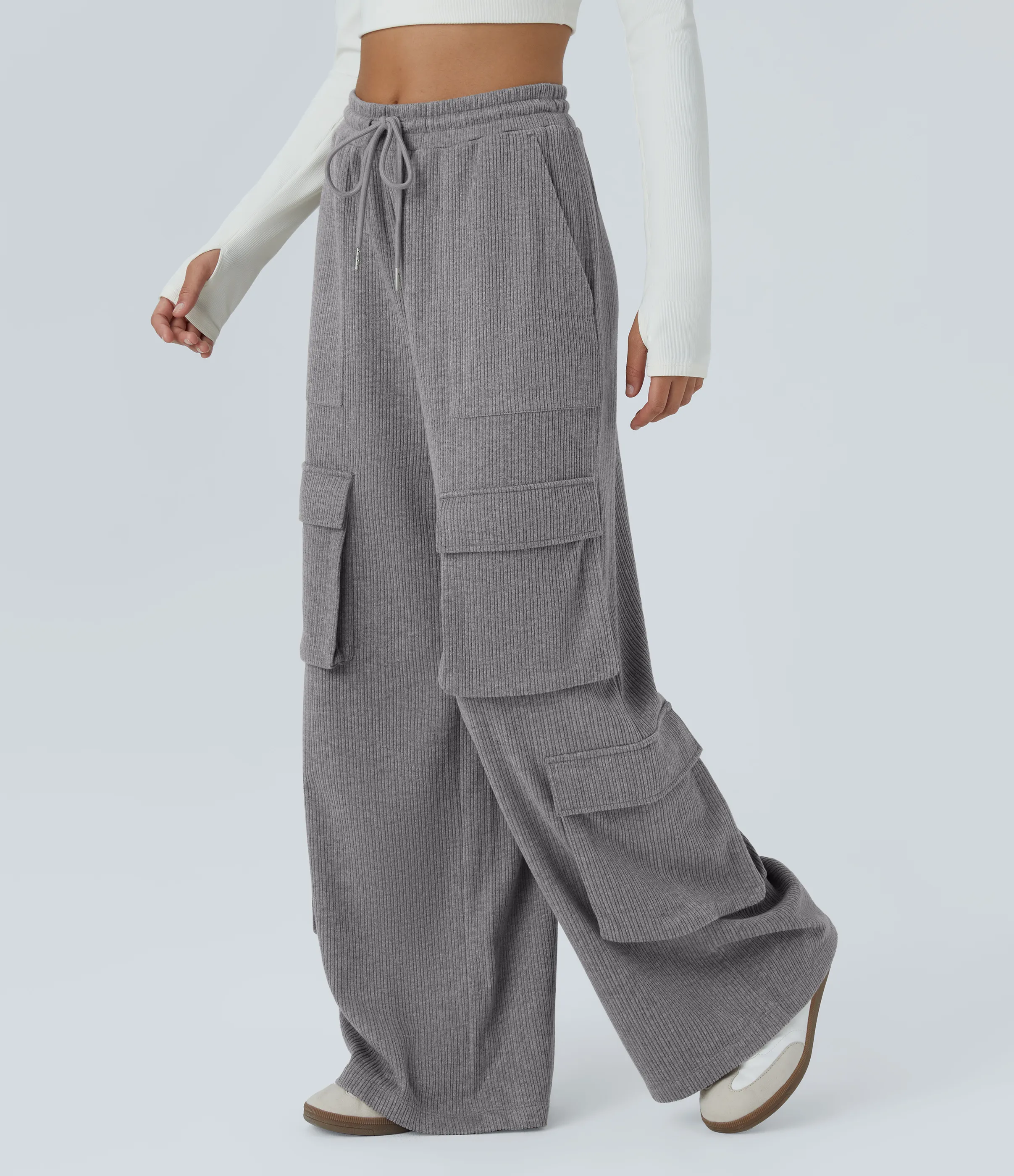 Halara Pantalón cargo tiro medio canalé cordón ajustable múltiple bolsillo pierna ancha - Mockingbird - XL(regular) sold by Halara product image thumbnail 4