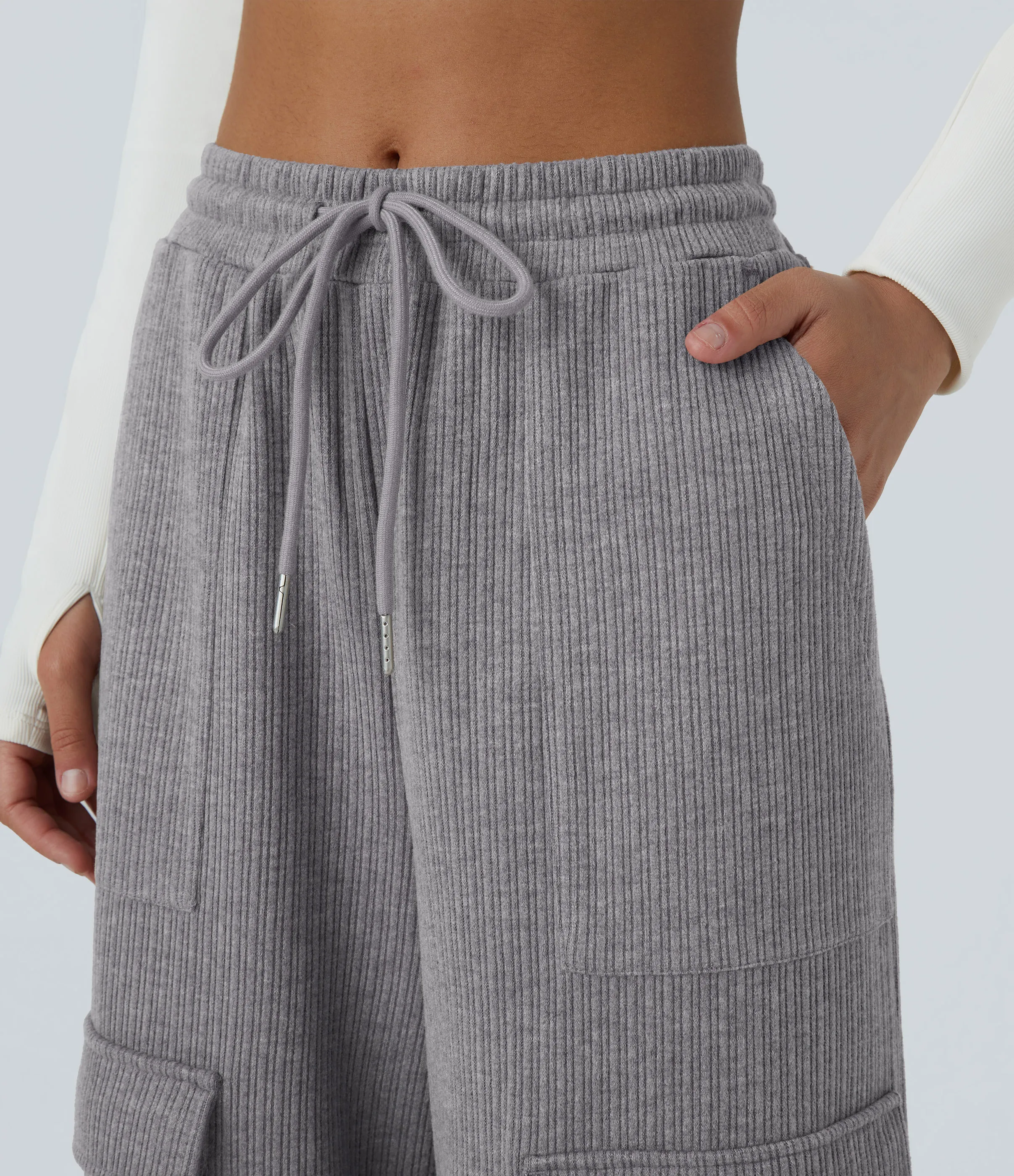 Halara Pantalón cargo tiro medio canalé cordón ajustable múltiple bolsillo pierna ancha - Mockingbird - XL(regular) sold by Halara product image thumbnail 5