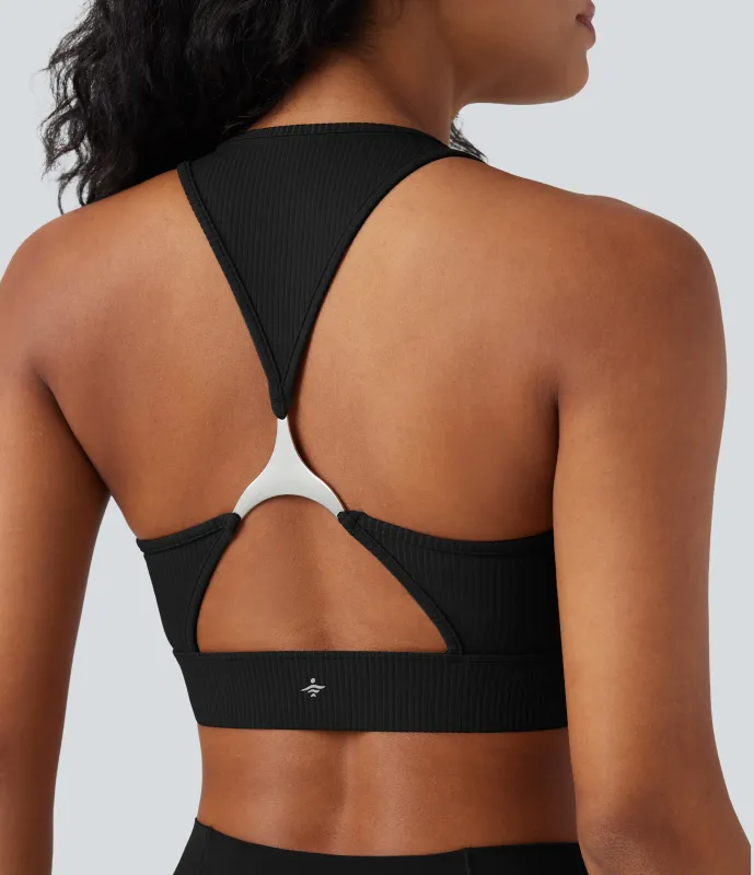 Halara Sujetador deportivo de yoga de punto acanalado con soporte ligero, escote en U y espalda cut-out - Black - L sold by Halara