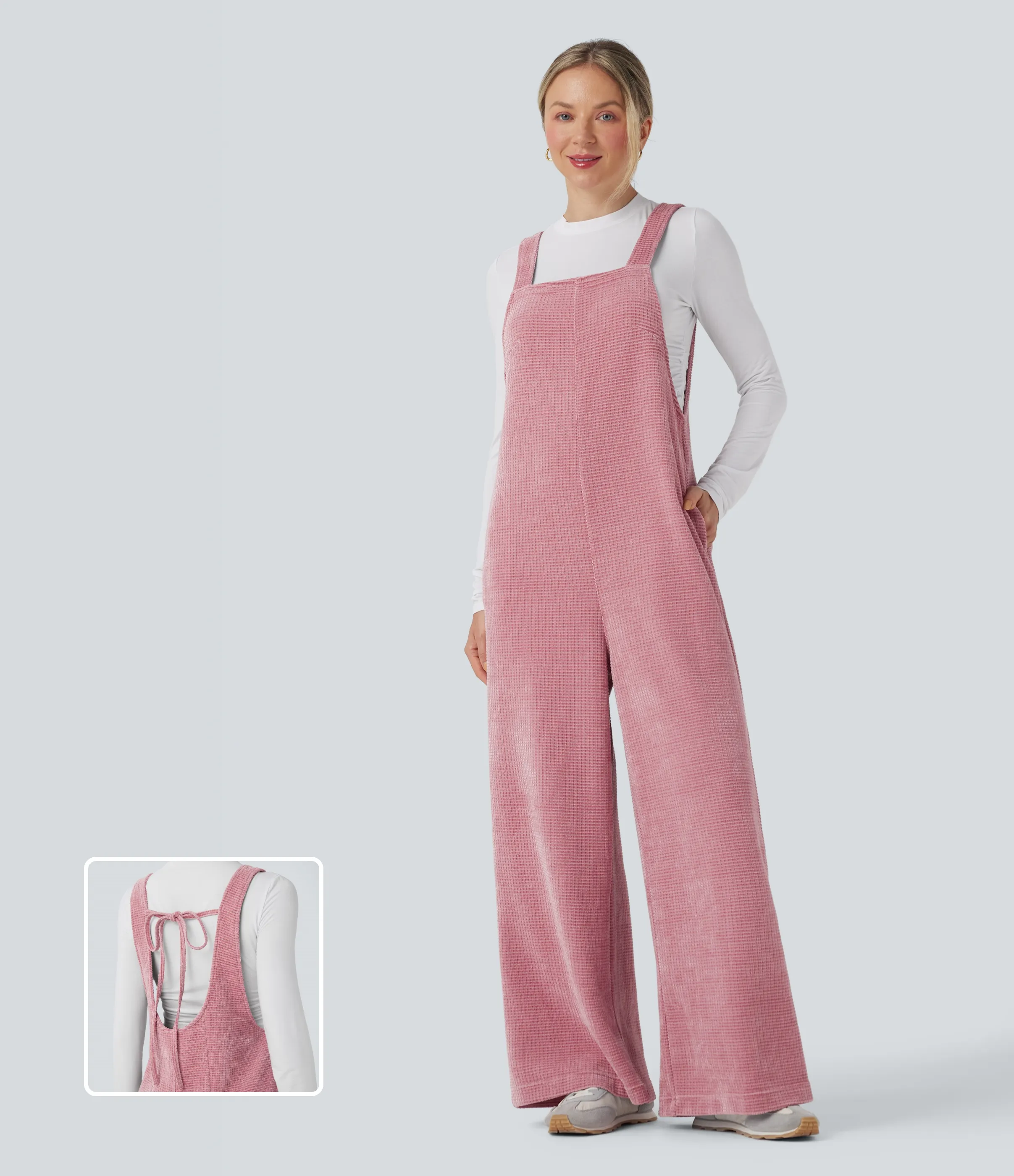 Halara Jumpsuit casual de chenilla con lazo en la espalda y bolsillos - Rose Elegance - XS(regular) sold by Halara product image thumbnail 2