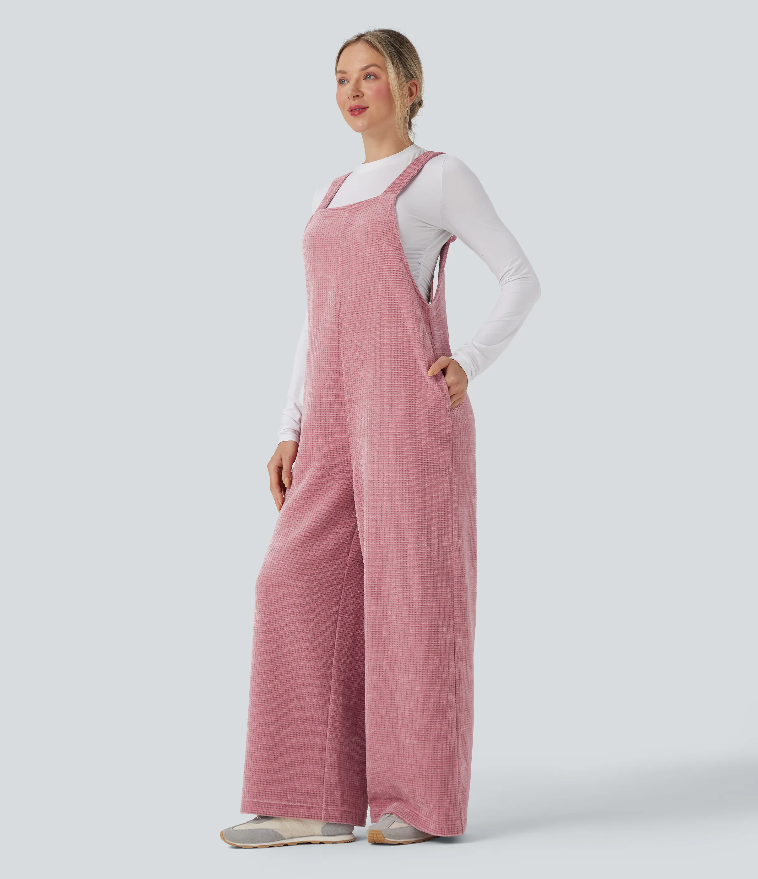 Halara Jumpsuit casual de chenilla con lazo en la espalda y bolsillos - Rose Elegance - XS(regular) sold by Halara product image thumbnail 4