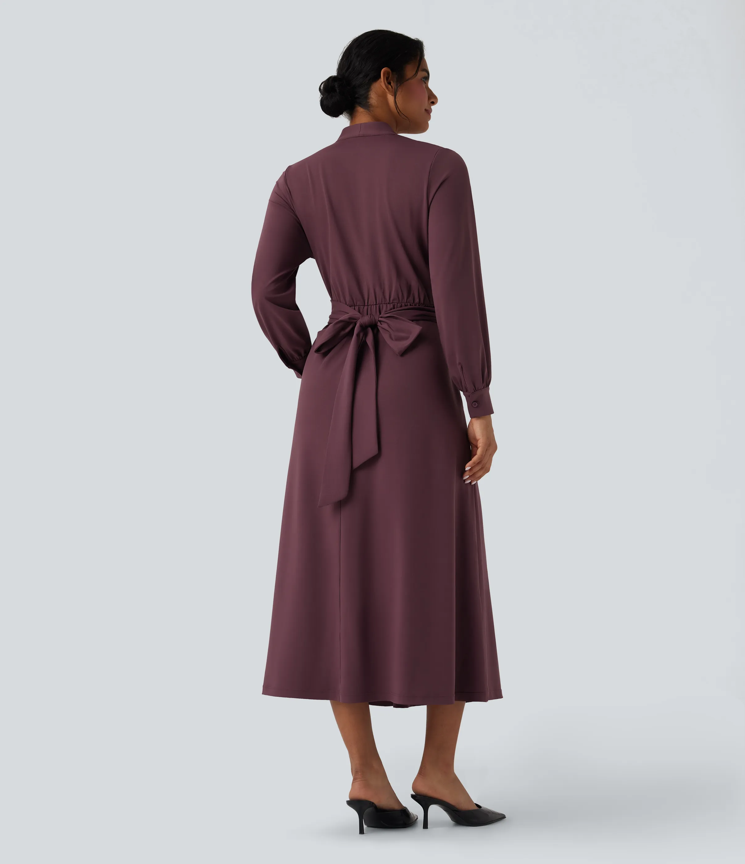 Halara Vestido de oficina midi de manga larga con escote en V y lazo en la espalda con bolsillos - Plum Wine - S sold by Halara product image thumbnail 3