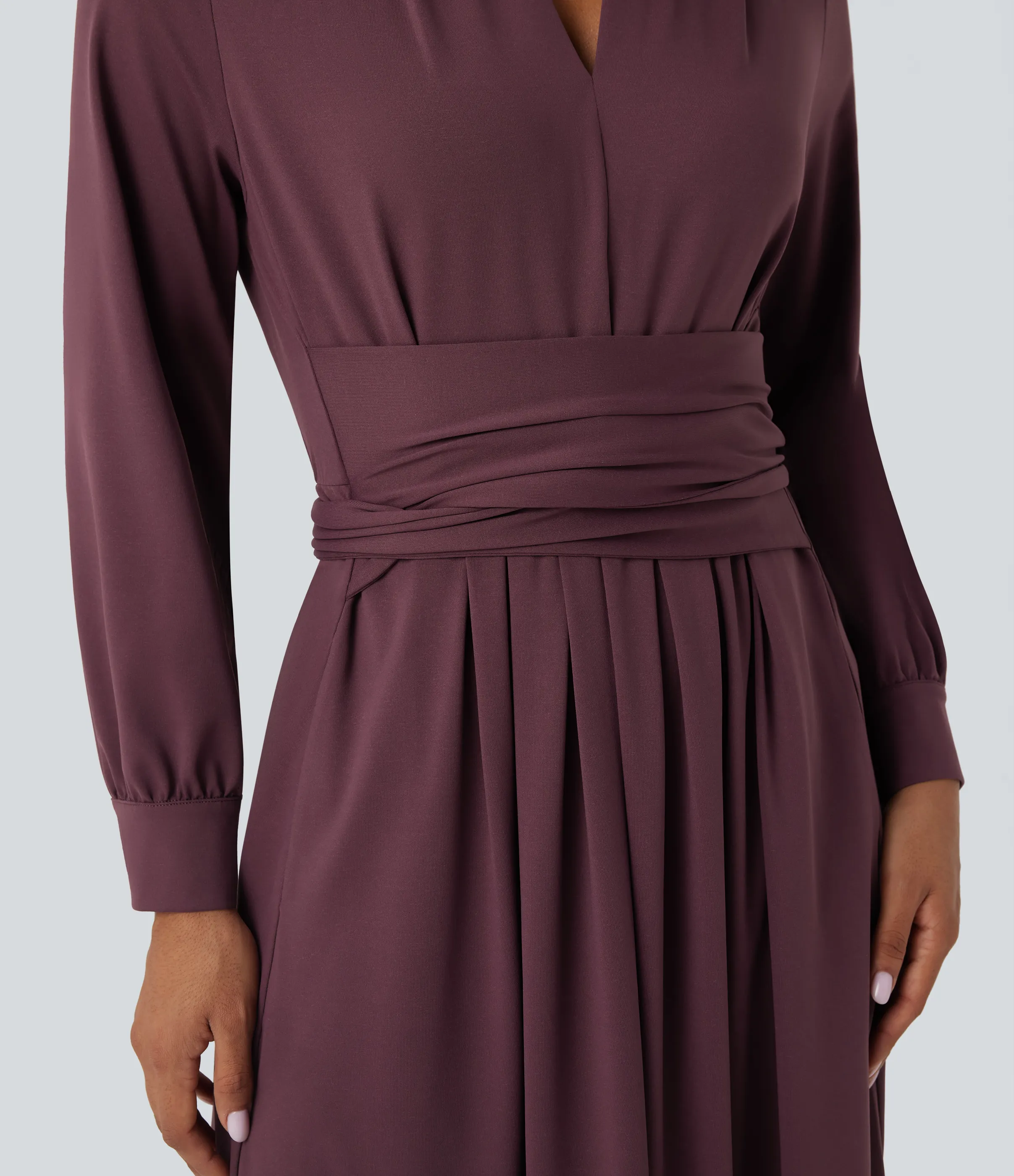 Halara Vestido de oficina midi de manga larga con escote en V y lazo en la espalda con bolsillos - Plum Wine - S sold by Halara product image thumbnail 5