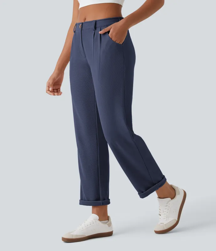 Halara Pantalones gofre bolsillo lateral cremallera botón tiro medio - Dark Blue - M(regular) sold by Halara