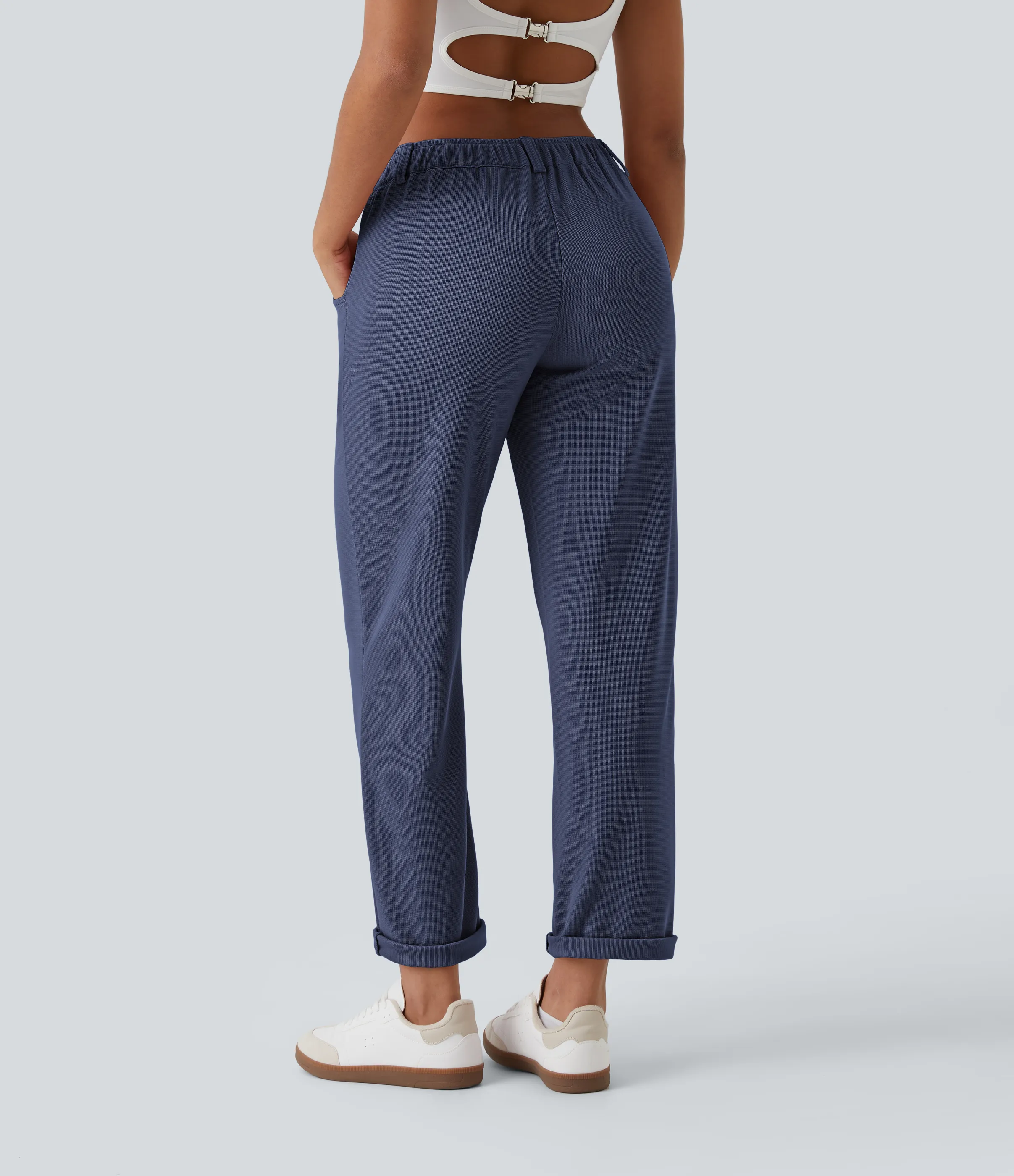 Halara Pantalones gofre bolsillo lateral cremallera botón tiro medio - Dark Blue - M(regular) sold by Halara product image thumbnail 3