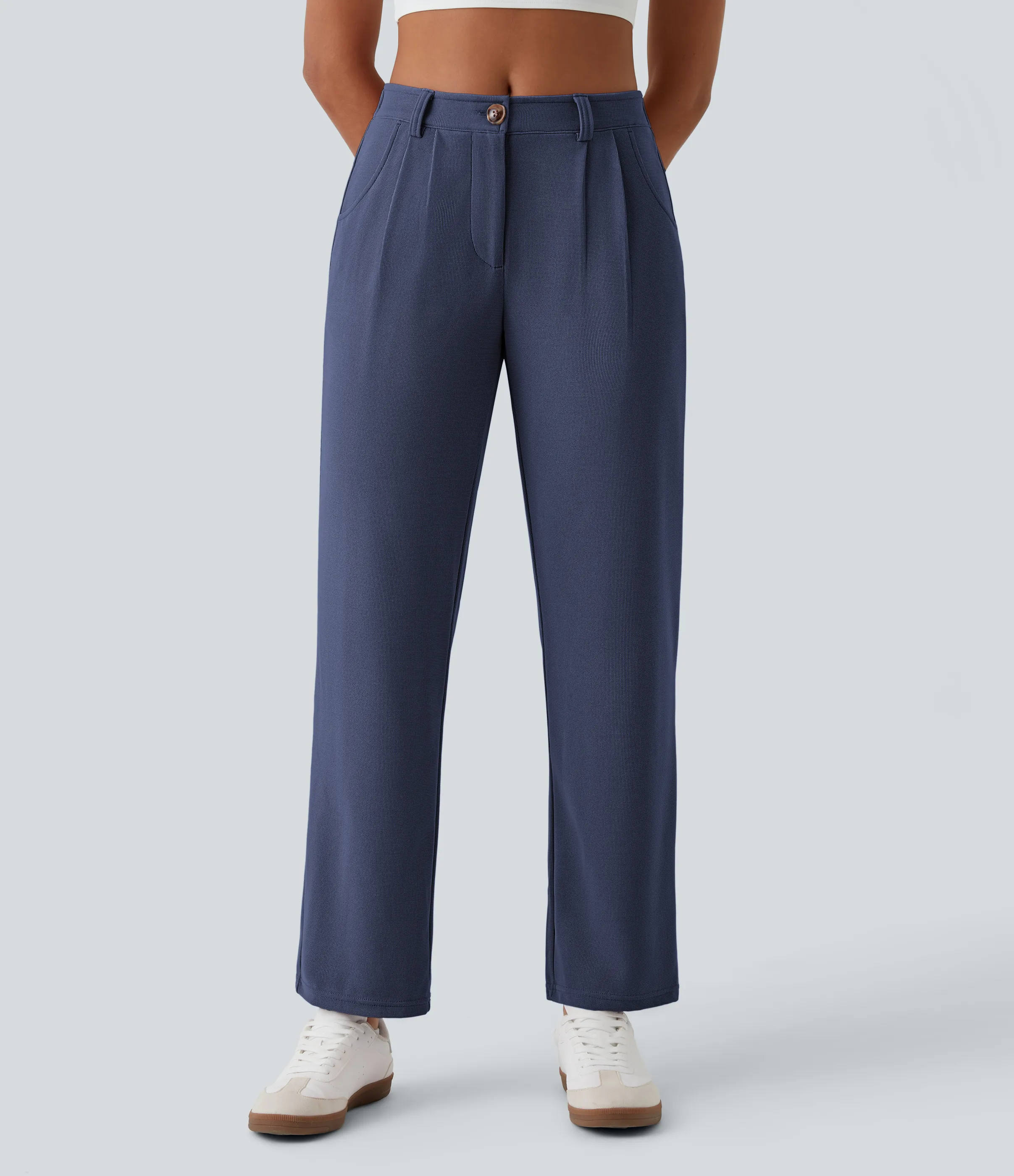 Halara Pantalones gofre bolsillo lateral cremallera botón tiro medio - Dark Blue - M(regular) sold by Halara product image thumbnail 4