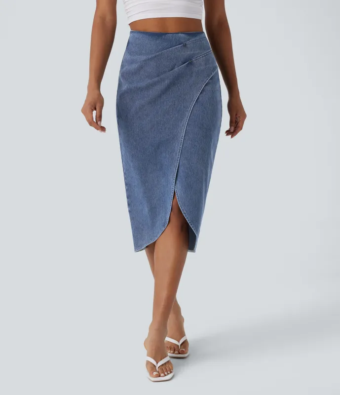 Halara Falda Midi Halara Flex™ Denim elástico lavado media pierna dobladillo fruncido cremallera espalda tiro alto - Creek Blue Denim - L(regular) sold by Halara