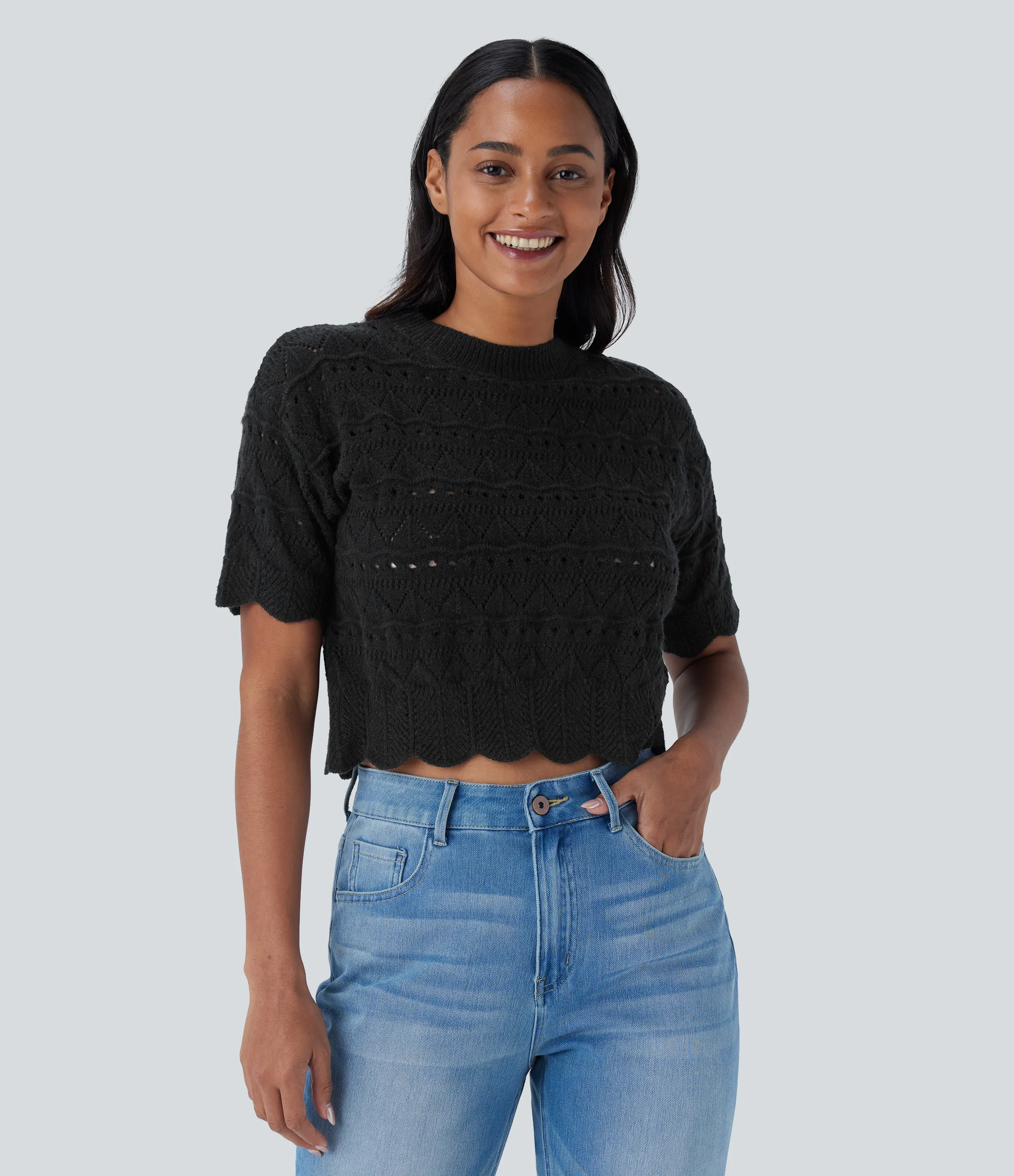 Halara Suéter abierto dobladillo festoneado manga corta cuello redondo - Black - M sold by Halara