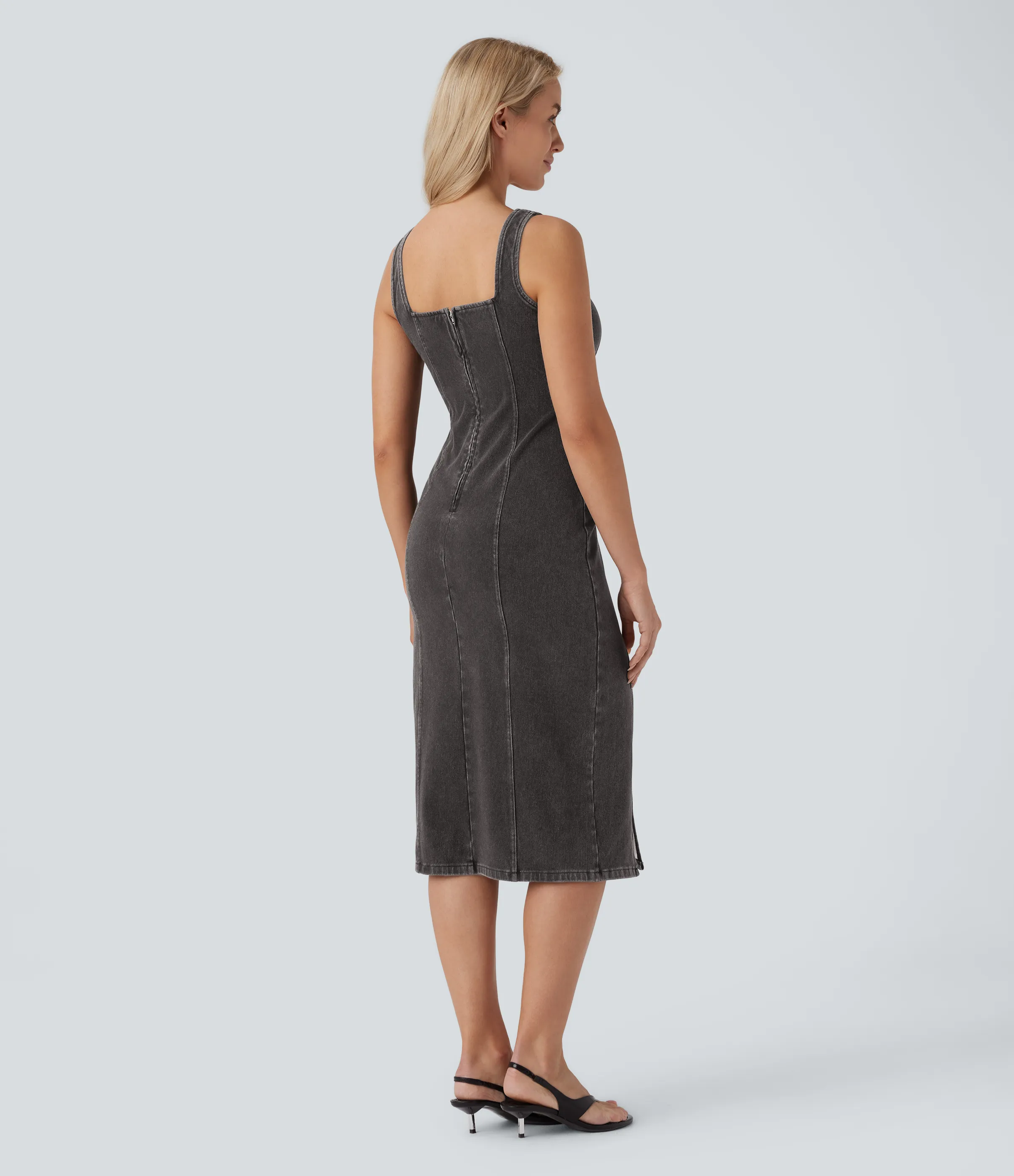 Halara Vestido Halara Flex™ Denim mezclilla elástico lavado media pierna cuello cuadrado sin mangas cremallera espalda abertura - Sandalwood Black Denim - XL sold by Halara product image thumbnail 4