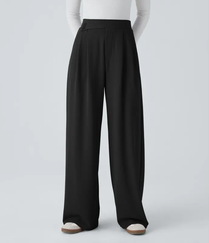 Halara Pantalón tiro alto botón bolsillo lateral plisado pierna ancha - Black - S(regular) sold by Halara