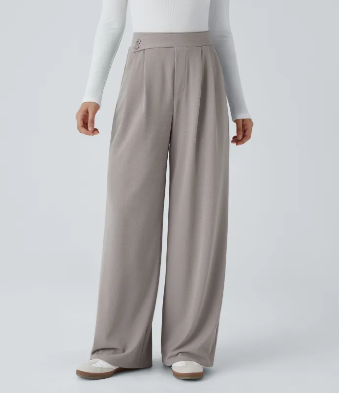 Halara Pantalón tiro alto botón bolsillo lateral plisado pierna ancha - Mink Ash - XS(regular) sold by Halara