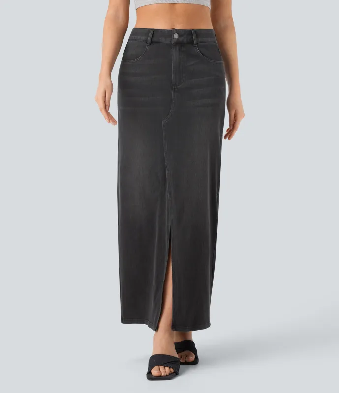 Halara Falda Halara Flex™ Denim elástico lavado abertura múltiple bolsillo tiro medio - Carbon Paint Denim - L(regular) sold by Halara