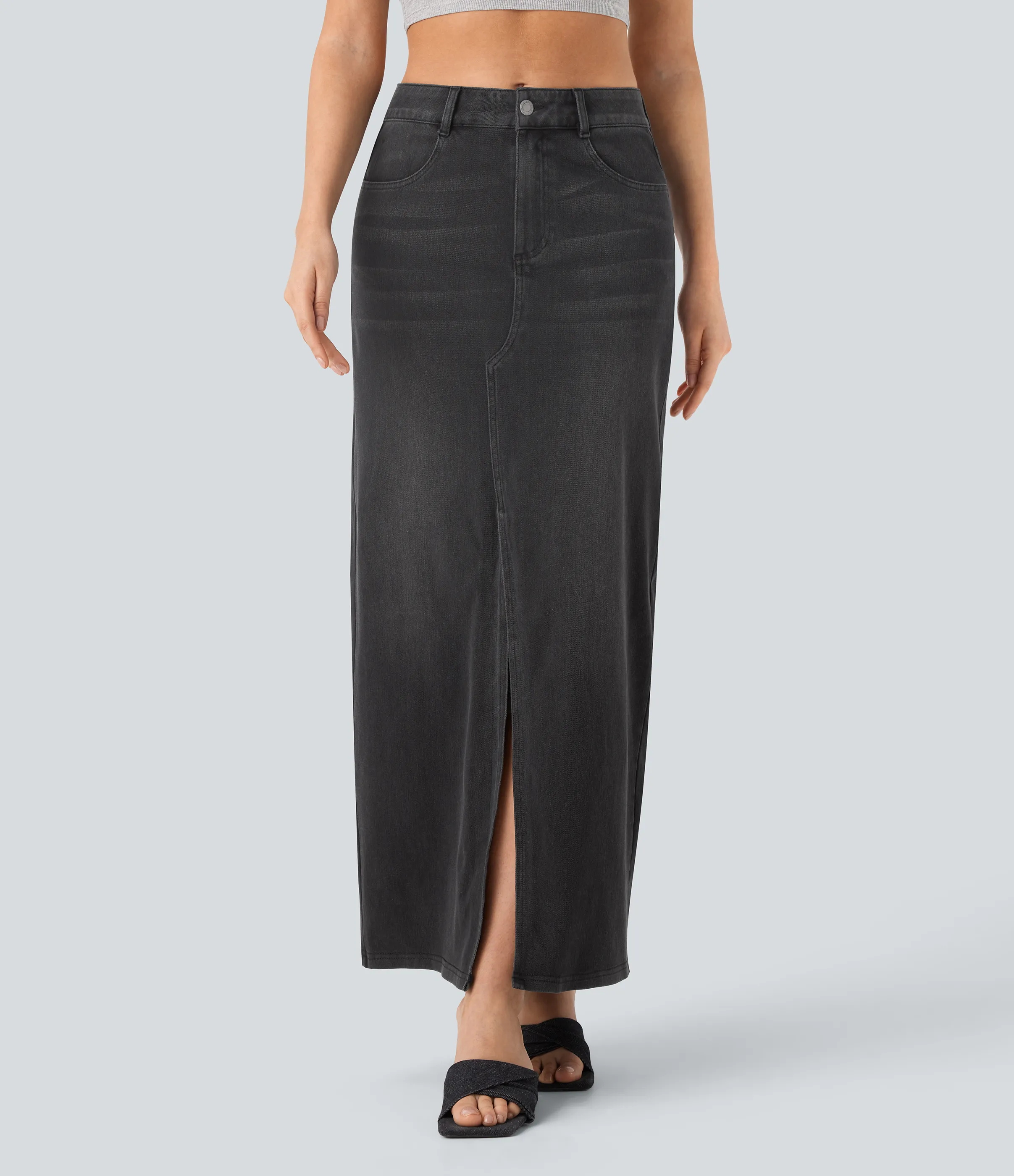 Halara Falda Halara Flex™ Denim elástico lavado abertura múltiple bolsillo tiro medio - Carbon Paint Denim - L(regular) sold by Halara