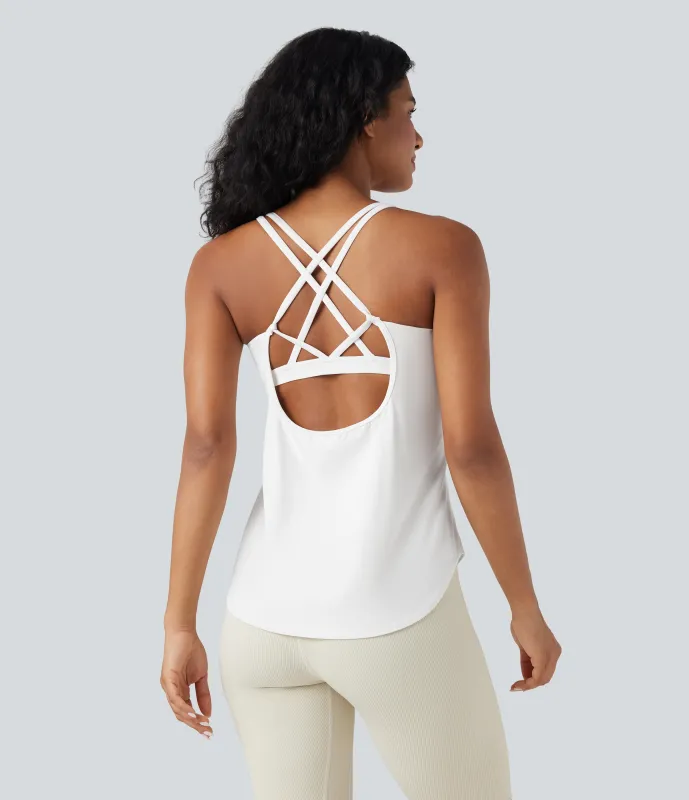 Halara Camiseta sin mangas Halara UltraSculpt™ correr dobladillo curvo cruzada sin espalda cuello U - White - XL sold by Halara