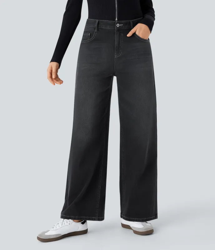 Halara Jeans Baggy Halara Flex™ Denim tiro bajo botón cremallera múltiple bolsillo elástico lavado holgado pierna ancha - Dirty Black Denim - XL(petite) sold by Halara